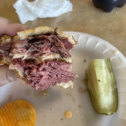a hand holding a half eaten sandwich