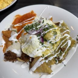 Chilaquiles Bowl with Red and Green Sauce