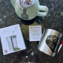 Ramshaw's Ace Hardware - Cute British teapot with a stainless steel filter and locally made and designed stainless steel carabiner mug by artist, Cailin Henson.
