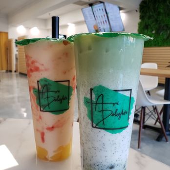 Ari Delights - Strawberry mango with mango jelly slush and mint to be with matcha boba (not tapioca) - Bubble Tea Near Me - Overland Park, Kansas Ari Delights - Strawberry mango with mango jelly slush and mint to be with matcha boba (not tapioca) - Bubble Tea Near Me - Overland Park, Kansas
