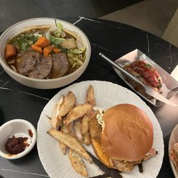 Beef Noodle Soup , Fried Chicken Sandwich , Sausage in Sausage Beef Noodle Soup , Fried Chicken Sandwich , Sausage in Sausage
