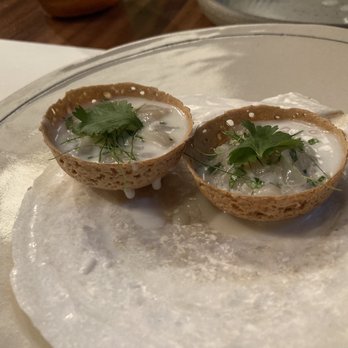 Langbaan - Kanom krok - scallop, coconut cream, lemongrass, lime leaf, crispy rice cup - Thai Near Me - Portland, Oregon Langbaan - Kanom krok - scallop, coconut cream, lemongrass, lime leaf, crispy rice cup - Thai Near Me - Portland, Oregon