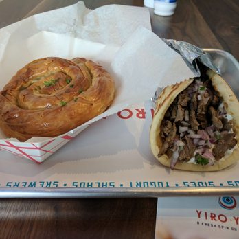 Yiro Yiro - Beef on pita, onions no tomato. Side order of Spanakopita. - Greek Near Me - Philadelphia, Pennsylvania