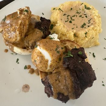 Park Cafe - Steak Benedict with smoked Gouda grits. - New American Near Me - Nashville, Tennessee Park Cafe - Steak Benedict with smoked Gouda grits. - New American Near Me - Nashville, Tennessee