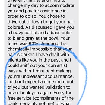 Saltwater Hair Studio - Amanda's text when I explained what happened and asked that she do the right thing and refund me. - Hair Salons Near Me - Dana Point, California
