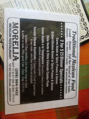 Menu photo 6 Morelia Mexican Restaurant Jamestown, CA