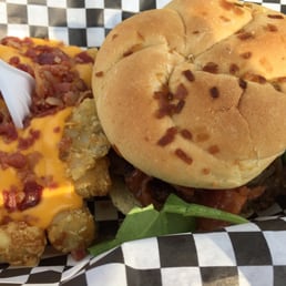 Angie's burger and loaded tater tots.