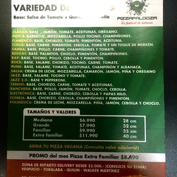 Pizzapalooza - Variedad de pizzas, menú carta. 17 tipos de pizzas algunas tienen hasta 5 ingredientes. - Pizza Near Me - Peñalolén, RM Pizzapalooza - Variedad de pizzas, menú carta. 17 tipos de pizzas algunas tienen hasta 5 ingredientes. - Pizza Near Me - Peñalolén, RM