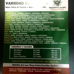 Pizzapalooza - Variedad de pizzas, menú carta. 17 tipos de pizzas algunas tienen hasta 5 ingredientes.