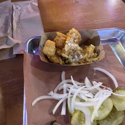 Tater tot casserole and onions and pickles