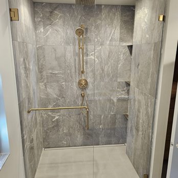 CV Glass - Custom shower glass door with satin brass hardware. - Glass & Mirrors Near Me - San Lorenzo, California CV Glass - Custom shower glass door with satin brass hardware. - Glass & Mirrors Near Me - San Lorenzo, California