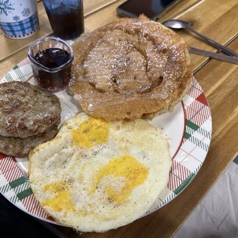 Coffee Depot - Eggs, sausage, and the cinnamon roll pancakes. - Bakeries Near Me - Goshen, Indiana