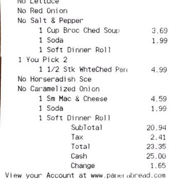 Panera Bread - The receipt for our two $4.99 combos and 2 drinks which we were charged over $23 !!! - Sandwiches Near Me - Virginia Beach, Virginia Panera Bread - The receipt for our two $4.99 combos and 2 drinks which we were charged over $23 !!! - Sandwiches Near Me - Virginia Beach, Virginia