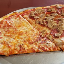 Plain slice and slice with pepperoni and sausage Plain slice and slice with pepperoni and sausage
