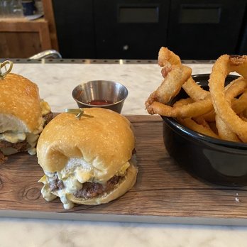 Pensive Distilling - American Pharaoh sliders with onion rings. Amazing! - Cocktail Bars Near Me - Newport, Kentucky Pensive Distilling - American Pharaoh sliders with onion rings. Amazing! - Cocktail Bars Near Me - Newport, Kentucky