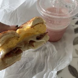 chedder bagel with bacon, pepperjack, and egg and razzleberry smoothie. Very fresh and homemade :)