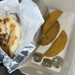 Cheese arepa + 3 beef empanadas (bought 4 but ate 1 )