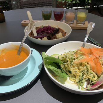 Pharm Table - Plant Based Soup (Today was a Carrot Tomato), Georgian Ragout, and Zucchini Noodle Bowl. - Cocktail Bars Near Me - San Antonio, Texas