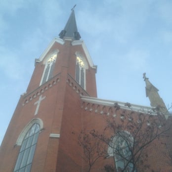 St Mary's - St. Mary's Catholic Church, German Village, Columbus Ohio.  At dusk, All Sout's Day.  Tall steeple. - Churches Near Me - Columbus, Ohio
