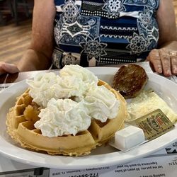 The Pelican Diner - Monica's crazy looking apple pecan waffle special with sausage and over easy egg