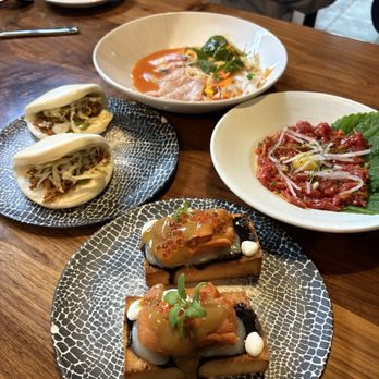 Bansang - Uni scallop toast (2 orders), jimdak bao with spicy chicken, Korean steak tartare, mulhwe noodles with seasonal fish - Korean Near Me - San Francisco, California Bansang - Uni scallop toast (2 orders), jimdak bao with spicy chicken, Korean steak tartare, mulhwe noodles with seasonal fish - Korean Near Me - San Francisco, California