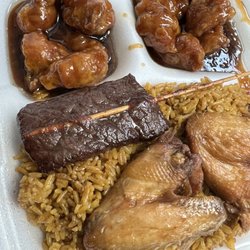 Panda Garden - Combination plate. Orange Chicken C-S-4 with H beef teriyaki and B chicken wings