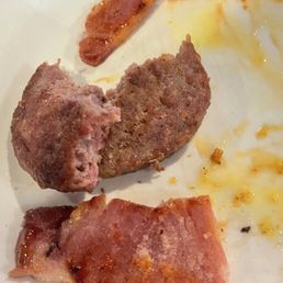 Undercooked Smoked Sausage Patties with dry Sugar Cured Ham Undercooked Smoked Sausage Patties with dry Sugar Cured Ham
