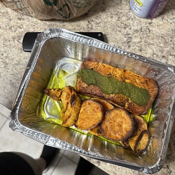 Kobs Green Market - Grilled salmon with sweet potatoes topped with their signature pesto - Health Markets Near Me - Plantation, Florida Kobs Green Market - Grilled salmon with sweet potatoes topped with their signature pesto - Health Markets Near Me - Plantation, Florida