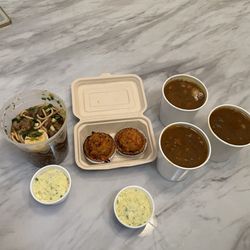 Beef Yakamein 32oz Regular Gumbo 16oz and potato salad.