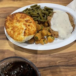 Dottie's Kitchen - Chicken Fried Steak with Gravy, Fried Okra, Green Beans and Cathead Biscuit