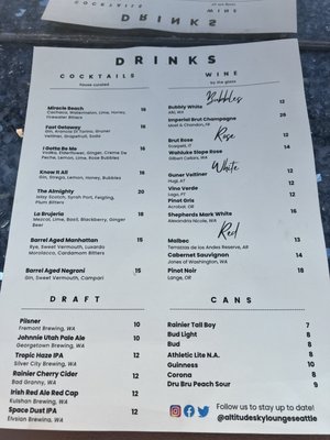 Menu photo 8 Altitude Sky Lounge Seattle, WA