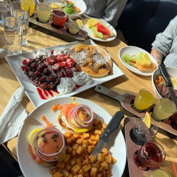 Scrambled - Smoked Salmon Lox Benny, Banana Crunch Pancakes, Strawberry Pancakes, Raspberry Chocolate French Toast, Mimosa flight - Breakfast & Brunch Near Me - Henderson, Nevada Scrambled - Smoked Salmon Lox Benny, Banana Crunch Pancakes, Strawberry Pancakes, Raspberry Chocolate French Toast, Mimosa flight - Breakfast & Brunch Near Me - Henderson, Nevada
