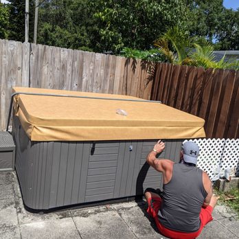 Robert Spa Covers - Robert installing my new cover & screws to attach it for safety - Patio Coverings Near Me Robert Spa Covers - Robert installing my new cover & screws to attach it for safety - Patio Coverings Near Me