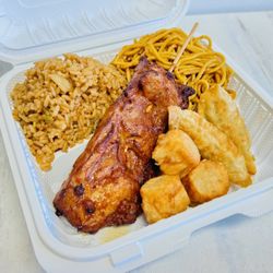 Kirin Chinese food - Chicken teriyaki stick , shrimp shumai , gyoza w rice and noodle