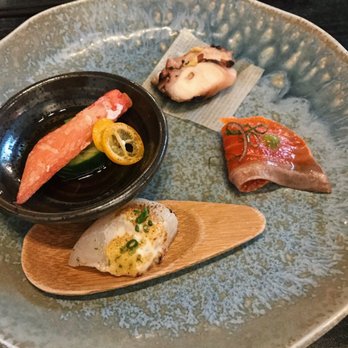 Hinata - Appetizers: 1. ocean trout 2. Shoyu braised octopus 3. Seared hokkaido scallop with miso aioli 4. snow crab leg - Sushi Bars Near Me - San Francisco, California
