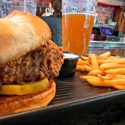 Hellfired Pizza - Fried Chicken sandwich (pickles, hot honey, spicy mayo) fries, and House IPA.