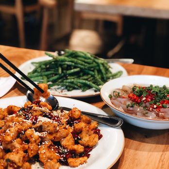 Hu's Cooking - Spicy chicken, clear noodles with red pepper sauce, and stir fried green beans - Chinese Near Me - Houston, Texas