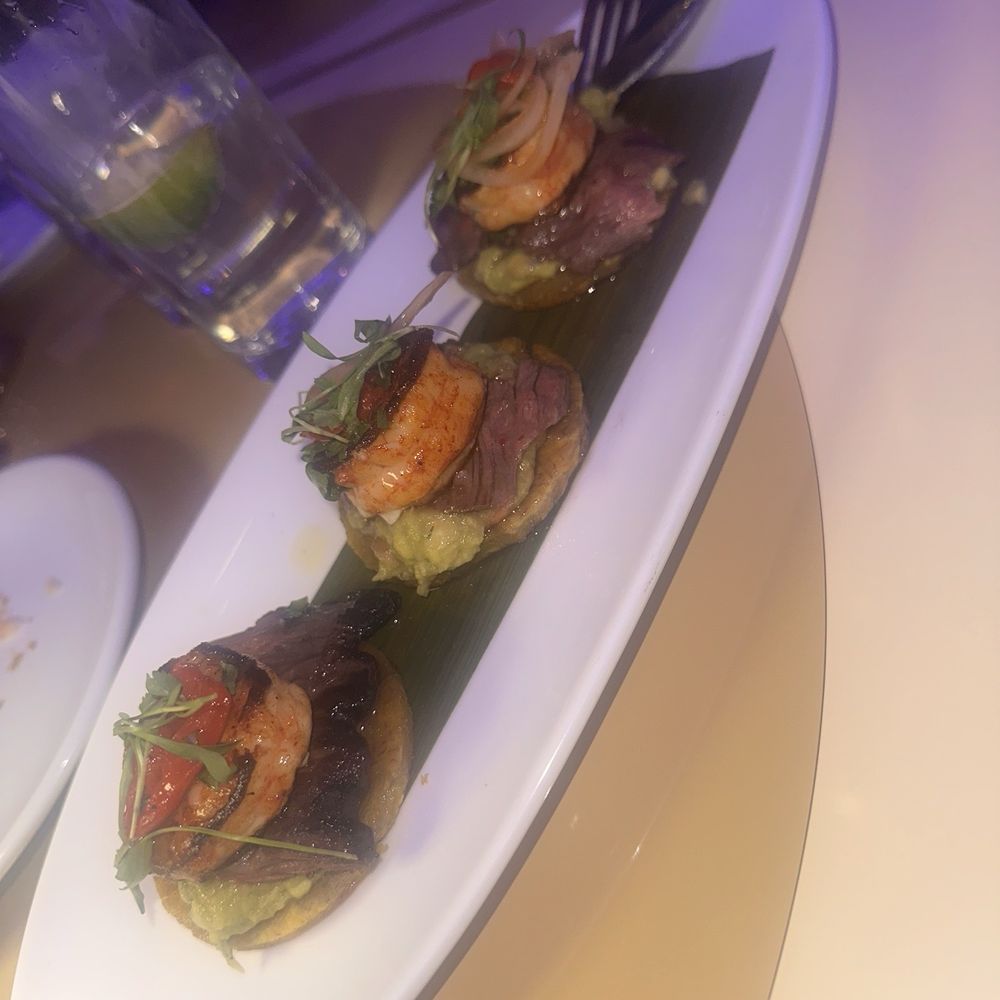 Don Coqui - Don Coqui Montaditos Mar & Tierra  Tostones Skirt Steak and Shrimp with Avocado Salsa and Chimichurri - Latin American Near Me - Edgewater, New Jersey
