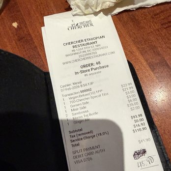 Chercher Ethiopian Restaurant & Mart - Our bill, for three people including a bottle of honey wine! Tip included and well deserved - Ethiopian Near Me - Washington, DC, District of Columbia