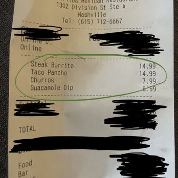 Los Toritos MTG - the receipt for the restaurant - Mexican Near Me - Nashville, Tennessee Los Toritos MTG - the receipt for the restaurant - Mexican Near Me - Nashville, Tennessee