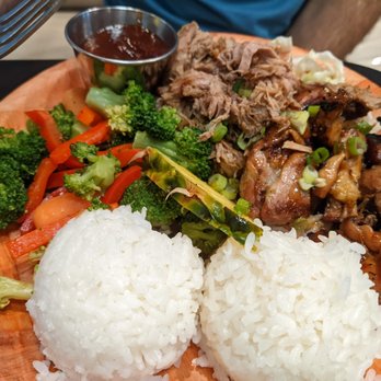 Pineapple Grill  - Mixed plate with kalua (pork), teriyaki chicken, white rice and veggies. - Hawaiian Near Me - Hurst, Texas
