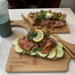 Smoked Salmon Toast (bottom) and Jammy Pineapple and Prosciutto Toast (top)
