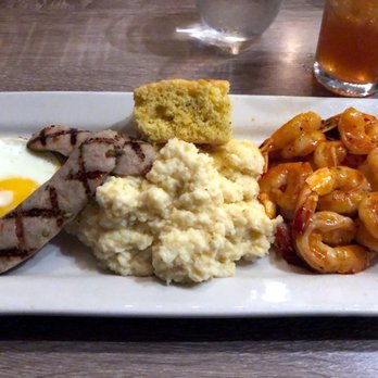 The Elk House Eatery - Thai Chili Mayport Shrimp with Cheese Grits, Chicken Sausage, Sunny Egg and Jalapeño Cornbread - Seafood Near Me - St. Augustine, Florida
