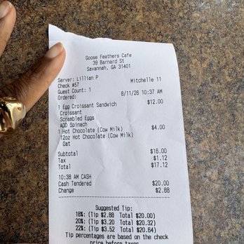 Goose Feathers Cafe & Bakery - Receipt (August 2026) - Breakfast & Brunch Near Me - Savannah, Georgia Goose Feathers Cafe & Bakery - Receipt (August 2026) - Breakfast & Brunch Near Me - Savannah, Georgia