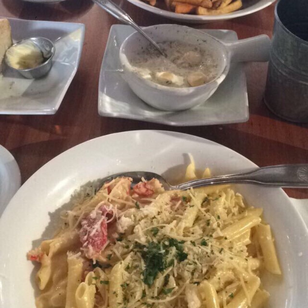 FishBar - Front:Lobster Mac n cheese; Back: Salmon fish and chips - Seafood Near Me - Manhattan Beach, California FishBar - Front:Lobster Mac n cheese; Back: Salmon fish and chips - Seafood Near Me - Manhattan Beach, California
