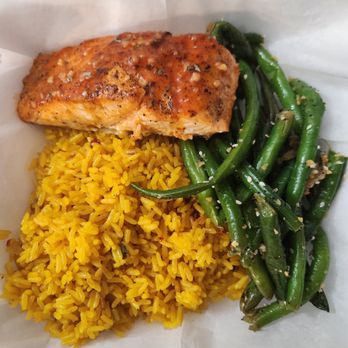 Graffiti Chicken - Blackened salmon yellow rice , greenbeans topped with Graffiti garlic glaze - Caterers Near Me