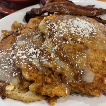 Ruby Sunshine Charlotte Southend - White chocolate bread pudding pancakes w/bacon (grits pictured in the back) - Breakfast & Brunch Near Me - Charlotte, North Carolina Ruby Sunshine Charlotte Southend - White chocolate bread pudding pancakes w/bacon (grits pictured in the back) - Breakfast & Brunch Near Me - Charlotte, North Carolina