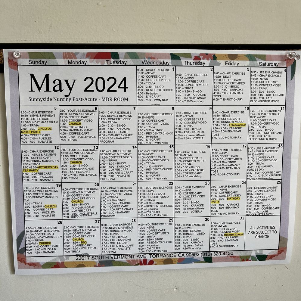 Sunnyside Nursing Center - "Activity" Calendar - Physical Therapy Near Me - Torrance, California Sunnyside Nursing Center - "Activity" Calendar - Physical Therapy Near Me - Torrance, California