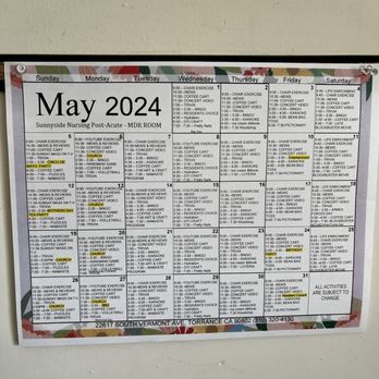 Sunnyside Nursing Center - "Activity" Calendar - Physical Therapy Near Me - Torrance, California