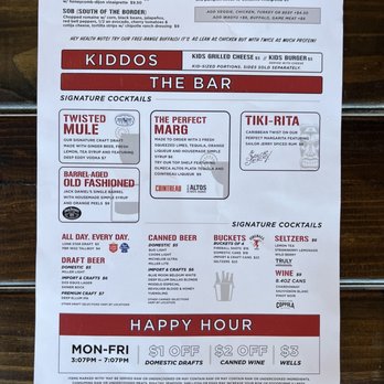 Twisted Root Burger - Menu - The menu displays various food and drink options at Twisted Root Burger in Abilene, TX. It features salads like Yes Siree Cobb and What The Kale, kid's meals such as grilled cheese and burger, and a bar section with signature cocktails including Twisted Mule and Tiki-Rita. Happy hour offers discounts on domestic drafts, canned wine, and wells from Monday to Friday, 3:00 PM to 7:00 PM. - Burgers Near Me - Abilene, Texas